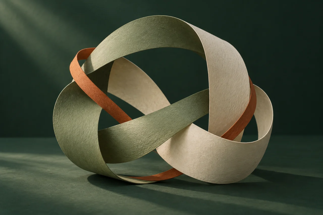 Faixas de papel verde, creme e terracota entrelaçadas em um ciclo: uma escultura de relações.